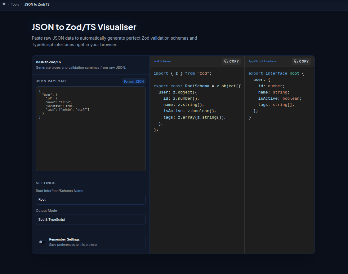 JSON to Zod & TypeScript Visualiser
